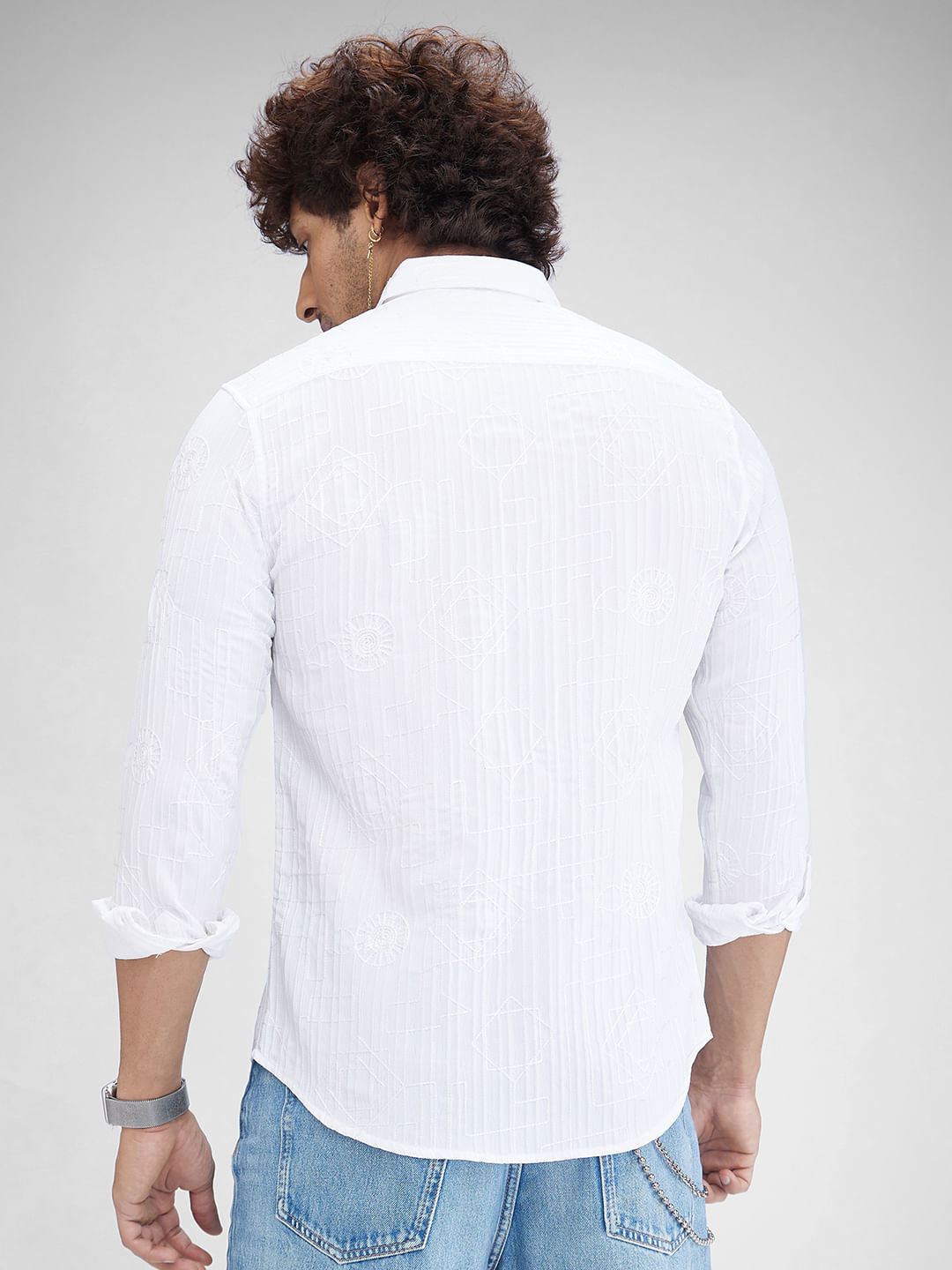 White Embroidered Self-Design Shirt