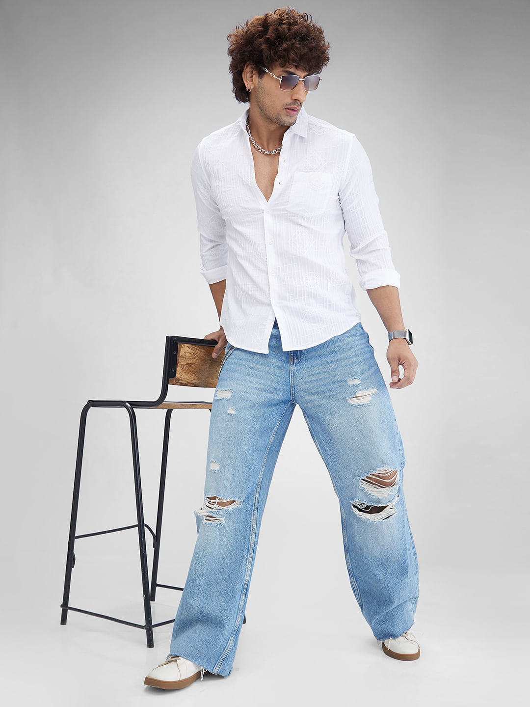 White Embroidered Self-Design Shirt