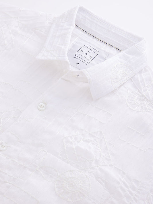 White Embroidered Self-Design Shirt