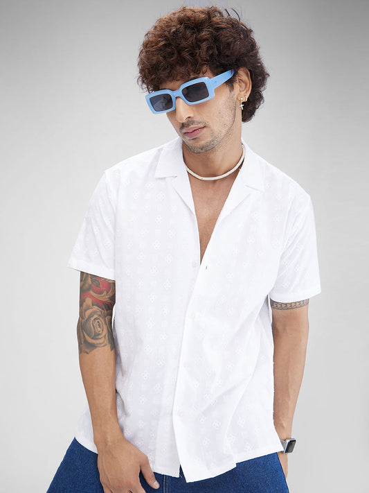 Embroidered White Oversized Resort Collar Shirt