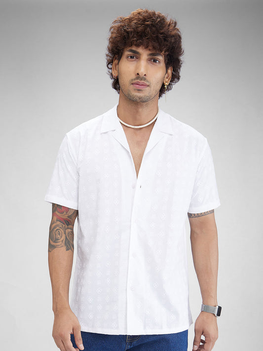 Embroidered White Oversized Resort Collar Shirt