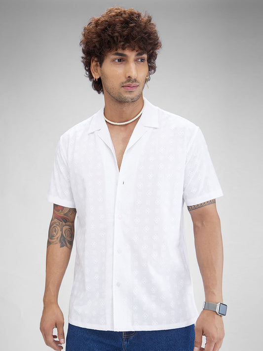 Embroidered White Oversized Resort Collar Shirt