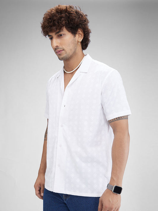 Embroidered White Oversized Resort Collar Shirt