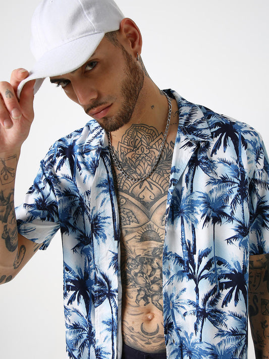 Blue Hawaiian Printed Oversized Resort Collar Shirt