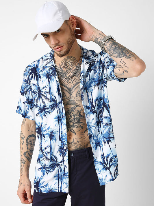 Blue Hawaiian Printed Oversized Resort Collar Shirt