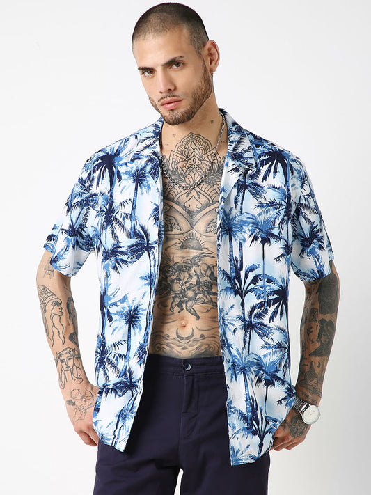 Blue Hawaiian Printed Oversized Resort Collar Shirt