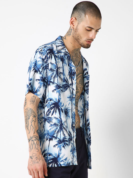 Blue Hawaiian Printed Oversized Resort Collar Shirt