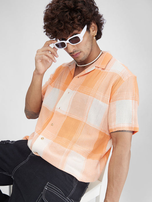 Orange Dobby Checkered Oversized Resort Collar Shirt