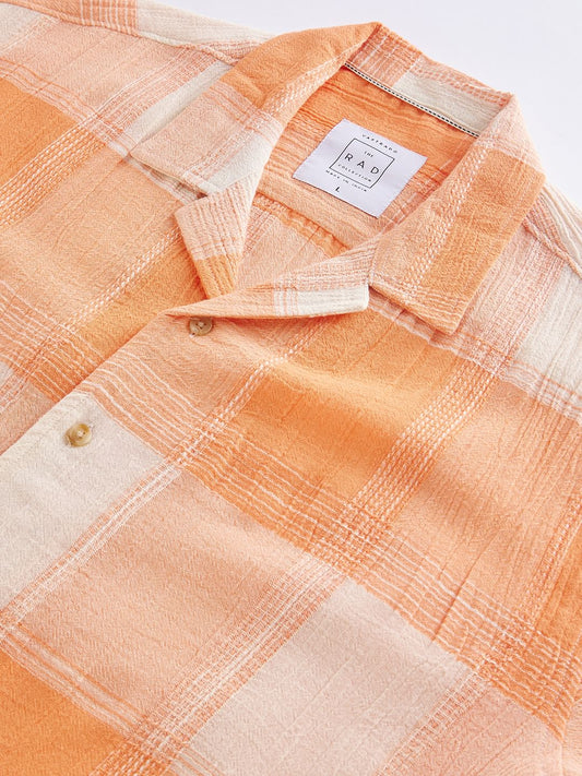Orange Dobby Checkered Oversized Resort Collar Shirt