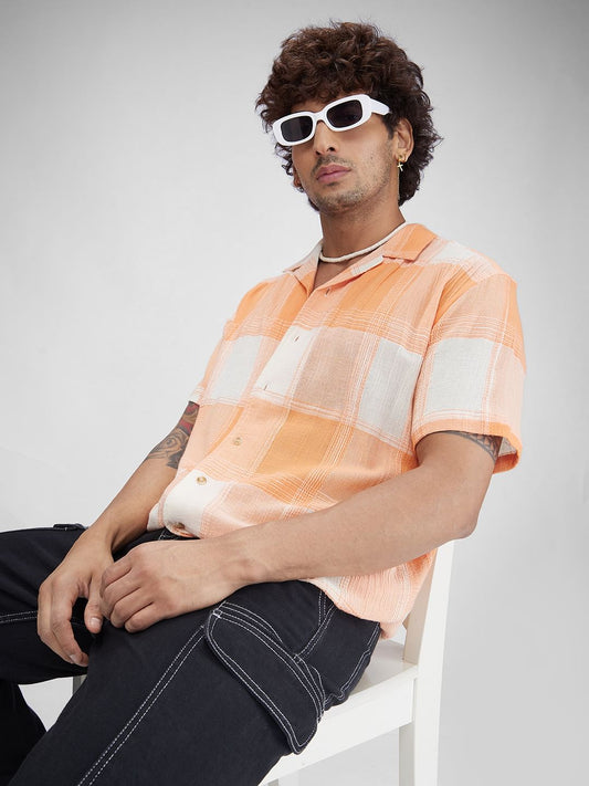 Orange Dobby Checkered Oversized Resort Collar Shirt