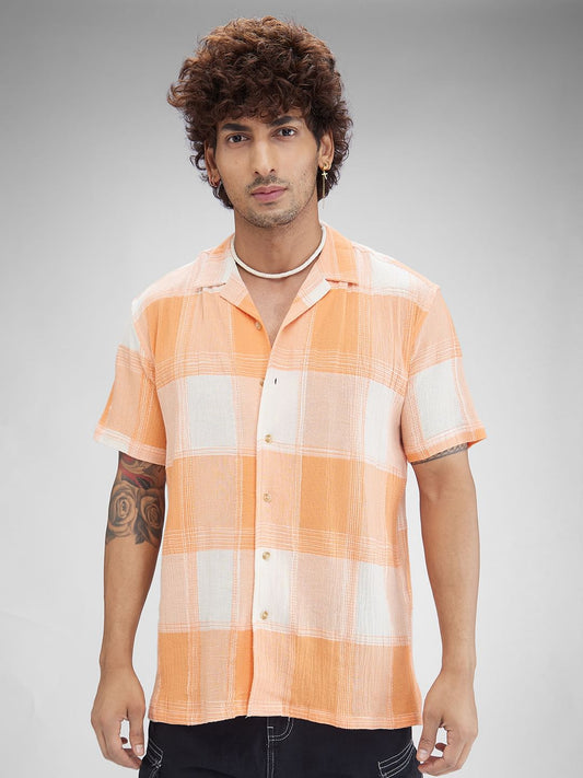 Orange Dobby Checkered Oversized Resort Collar Shirt