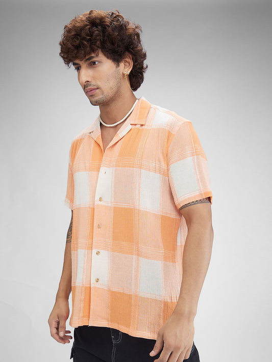 Orange Dobby Checkered Oversized Resort Collar Shirt