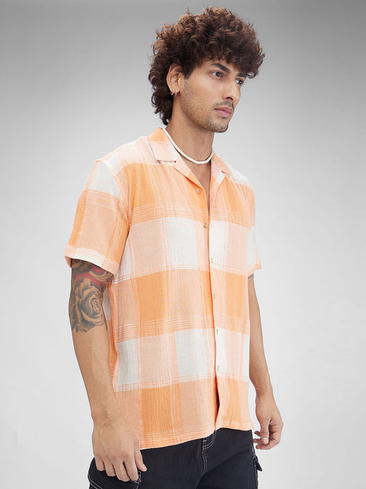 Orange Dobby Checkered Oversized Resort Collar Shirt