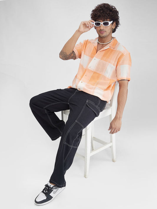 Orange Dobby Checkered Oversized Resort Collar Shirt