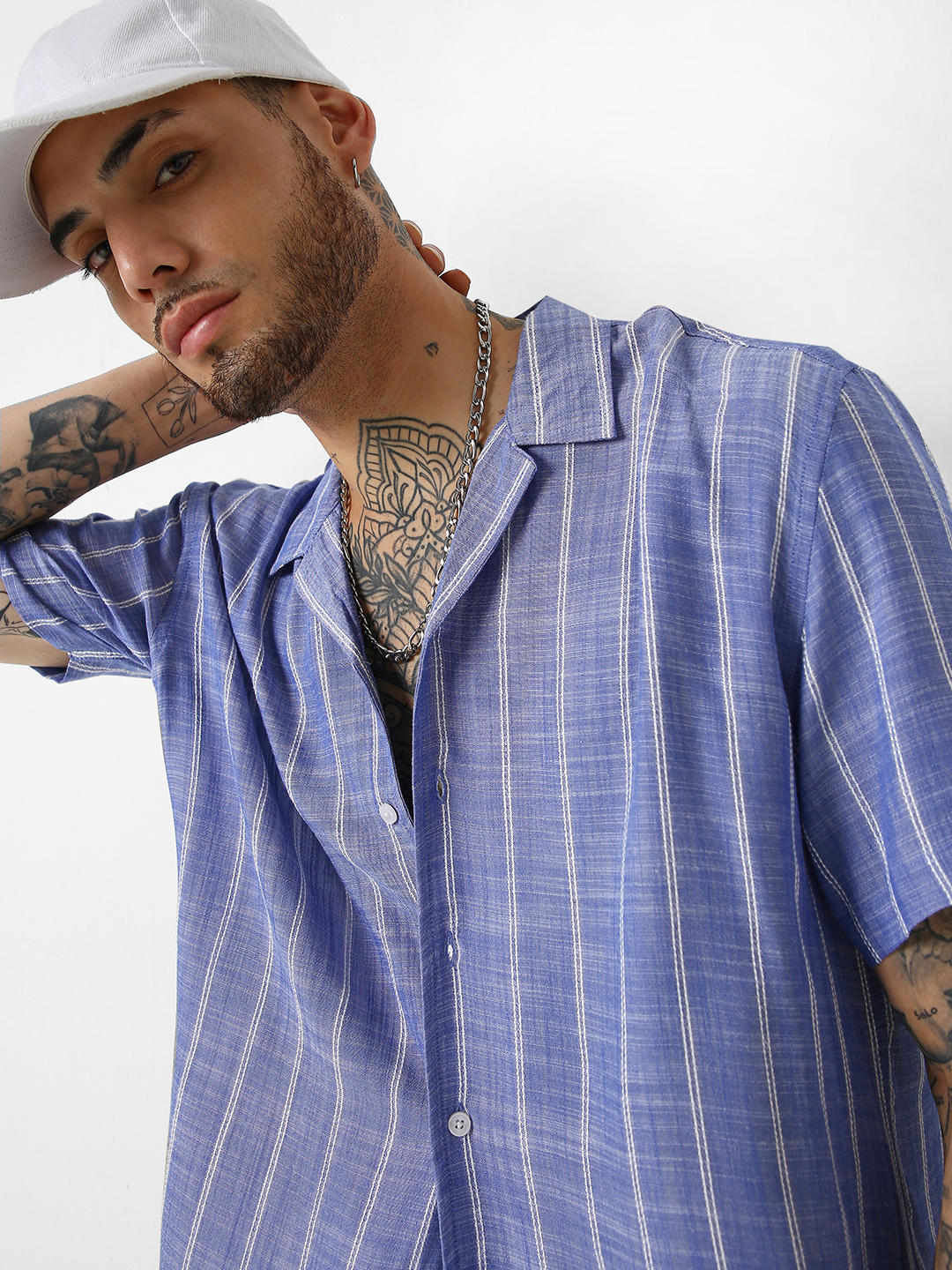 Steel Blue Striped Resort Collar Oversized Shirt