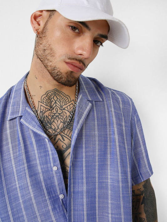 Steel Blue Striped Resort Collar Oversized Shirt