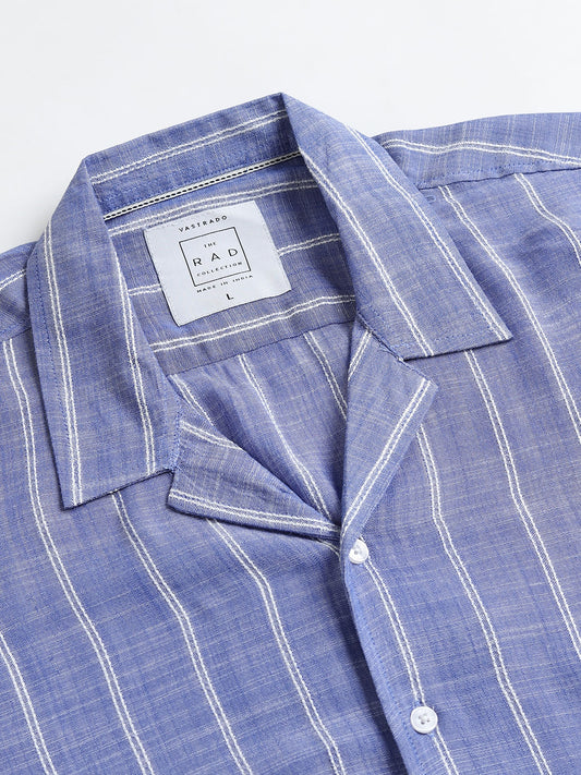 Steel Blue Striped Resort Collar Oversized Shirt