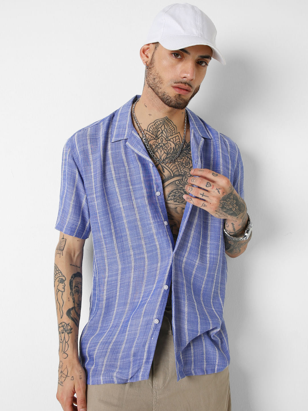 Steel Blue Striped Resort Collar Oversized Shirt