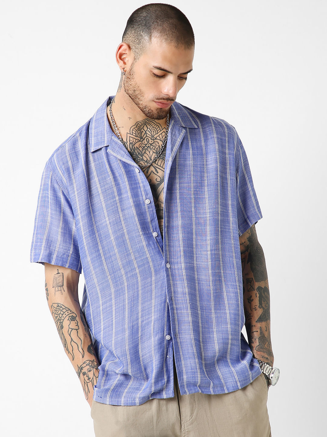 Steel Blue Striped Resort Collar Oversized Shirt