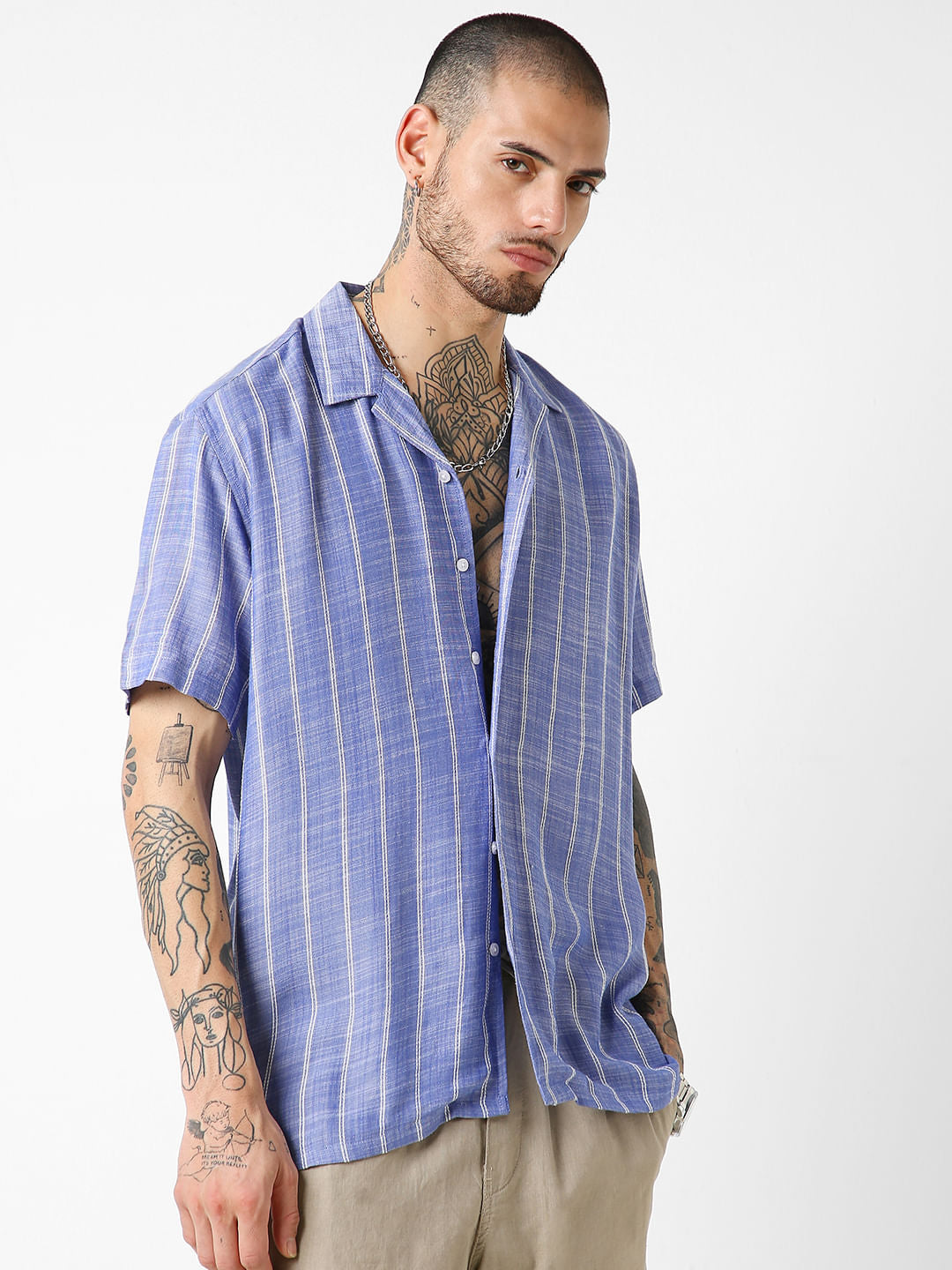 Steel Blue Striped Resort Collar Oversized Shirt