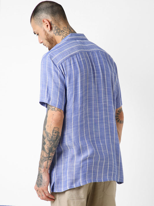 Steel Blue Striped Resort Collar Oversized Shirt