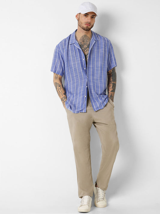 Steel Blue Striped Resort Collar Oversized Shirt