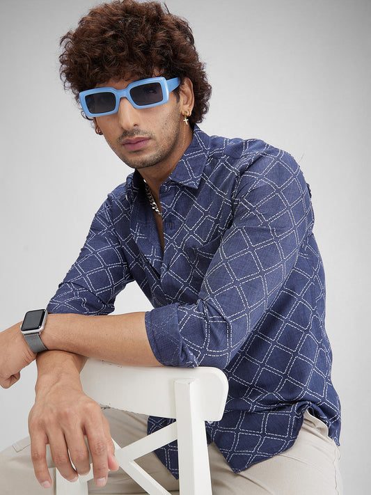 Rhombus Embellished Navy Shirt