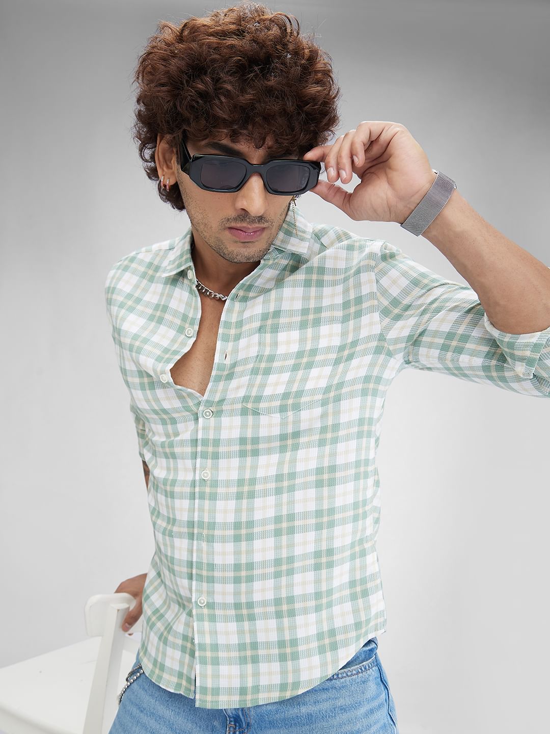 Russian Green Waffle Checkered Shirt