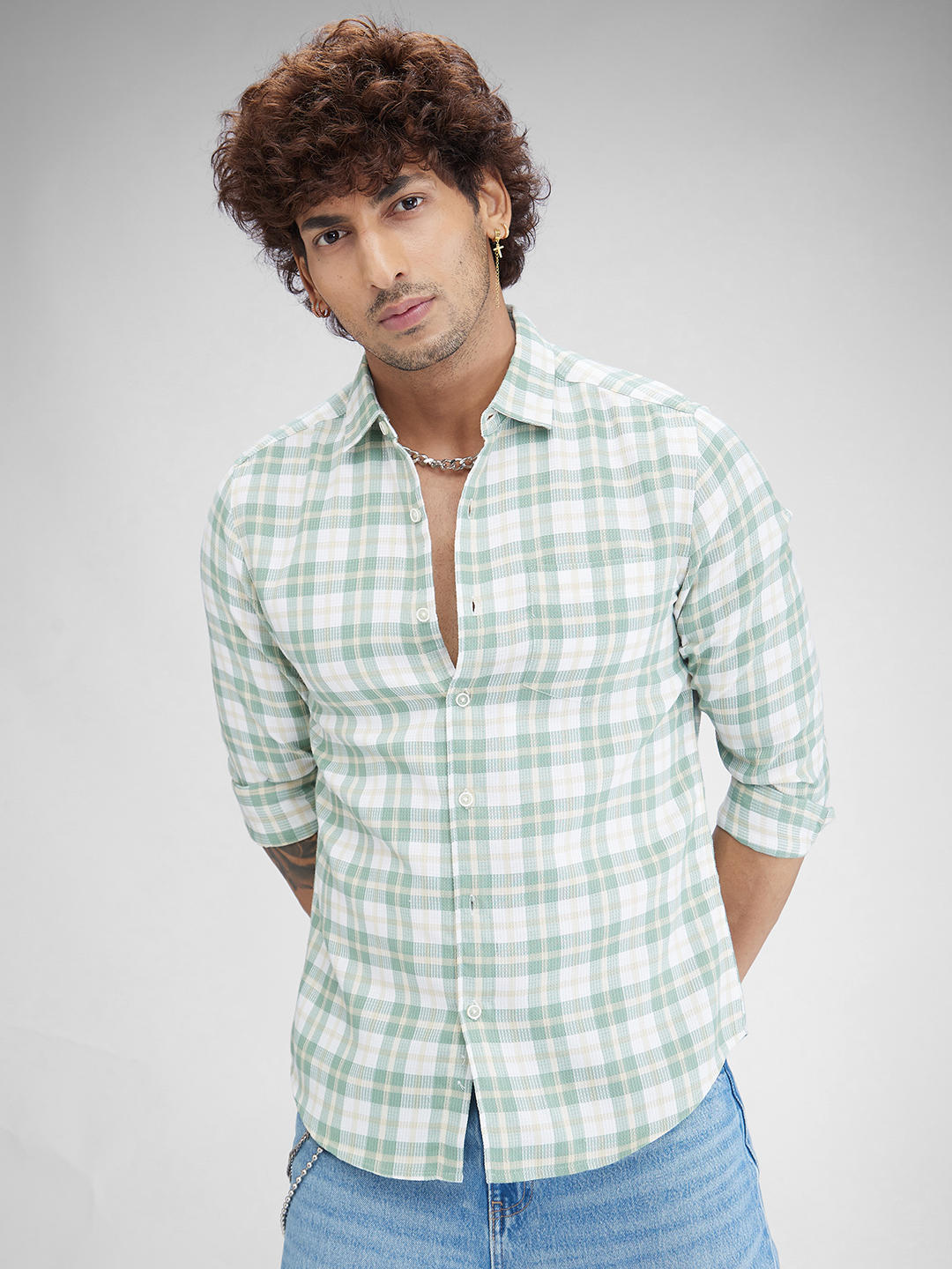 Russian Green Waffle Checkered Shirt