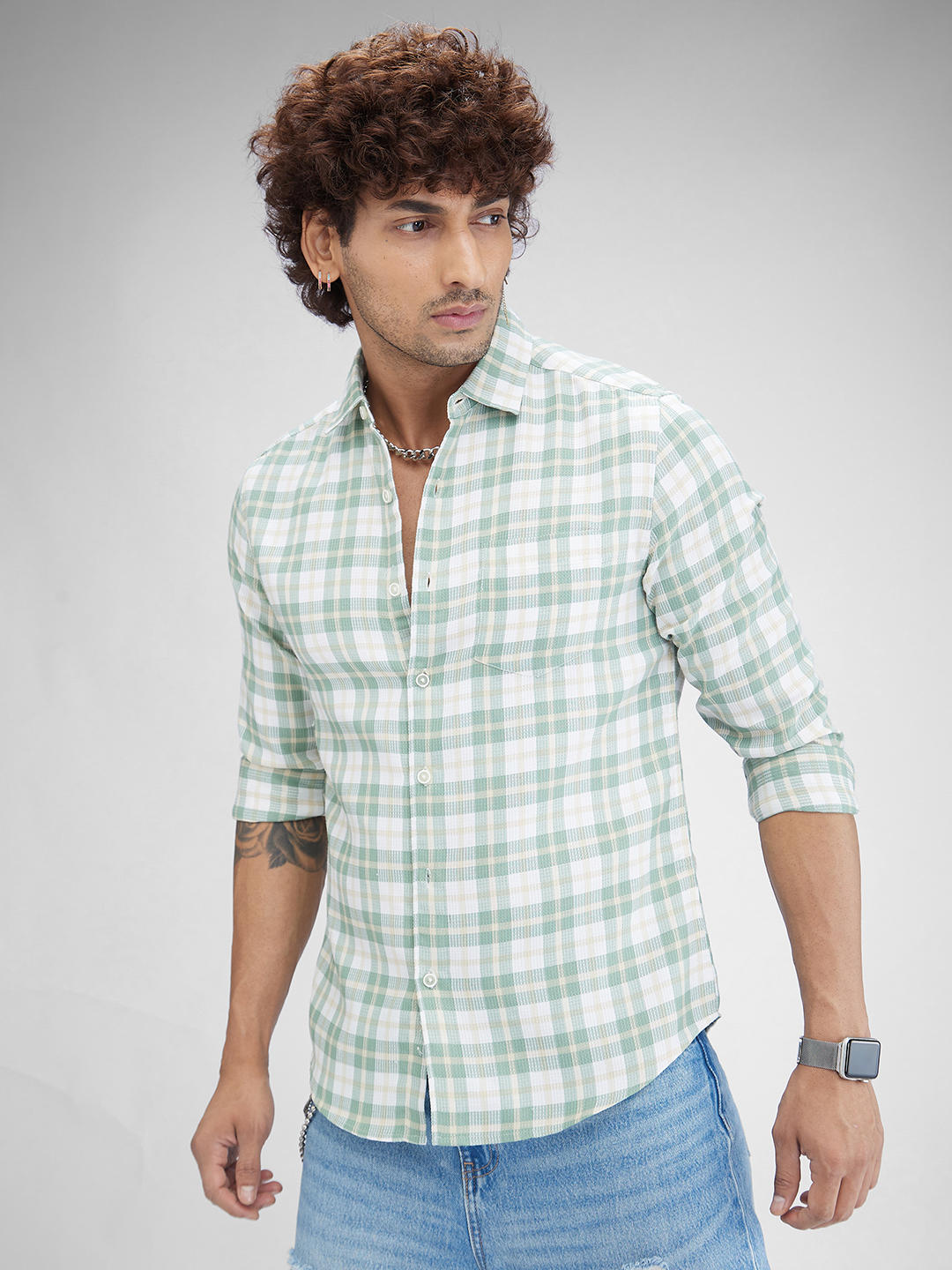 Russian Green Waffle Checkered Shirt