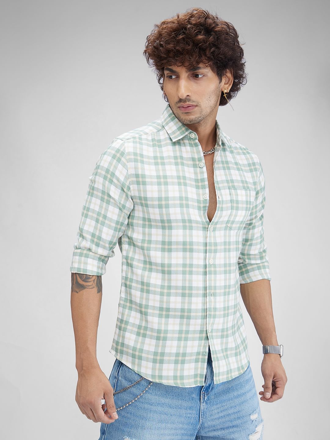 Russian Green Waffle Checkered Shirt