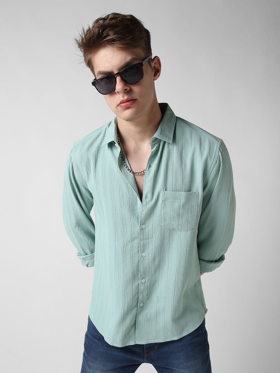 Turquoise Crinkle Textured Shirt