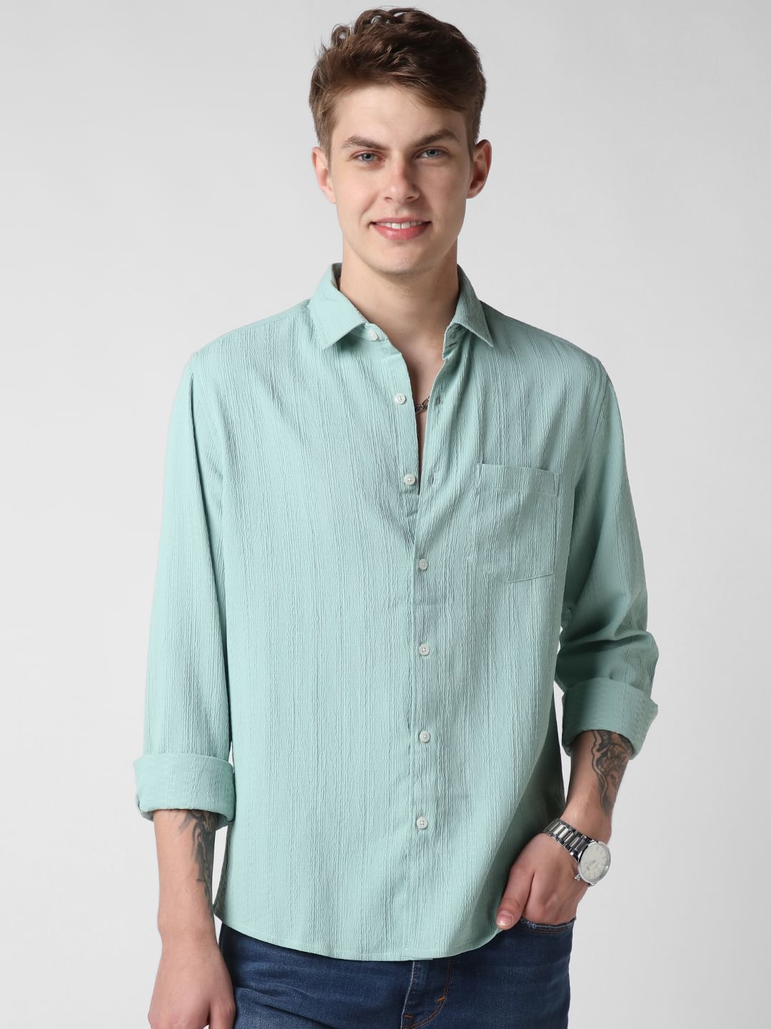 Turquoise Crinkle Textured Shirt