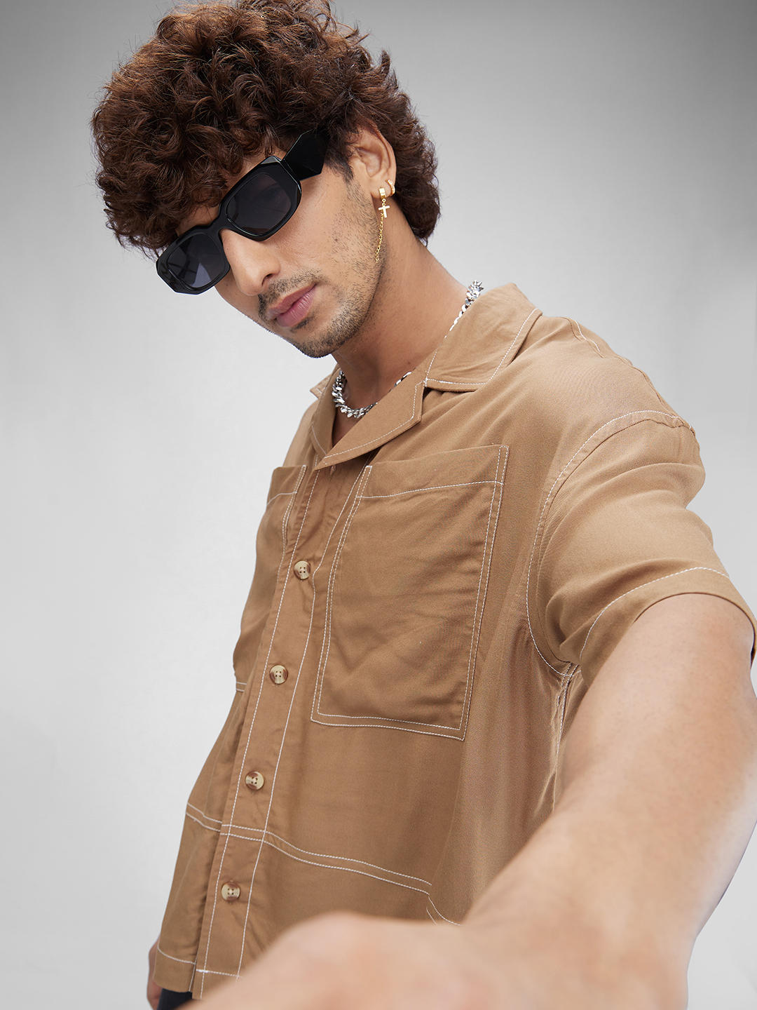 Khaki Double Pocket Oversized Cropped Shirt