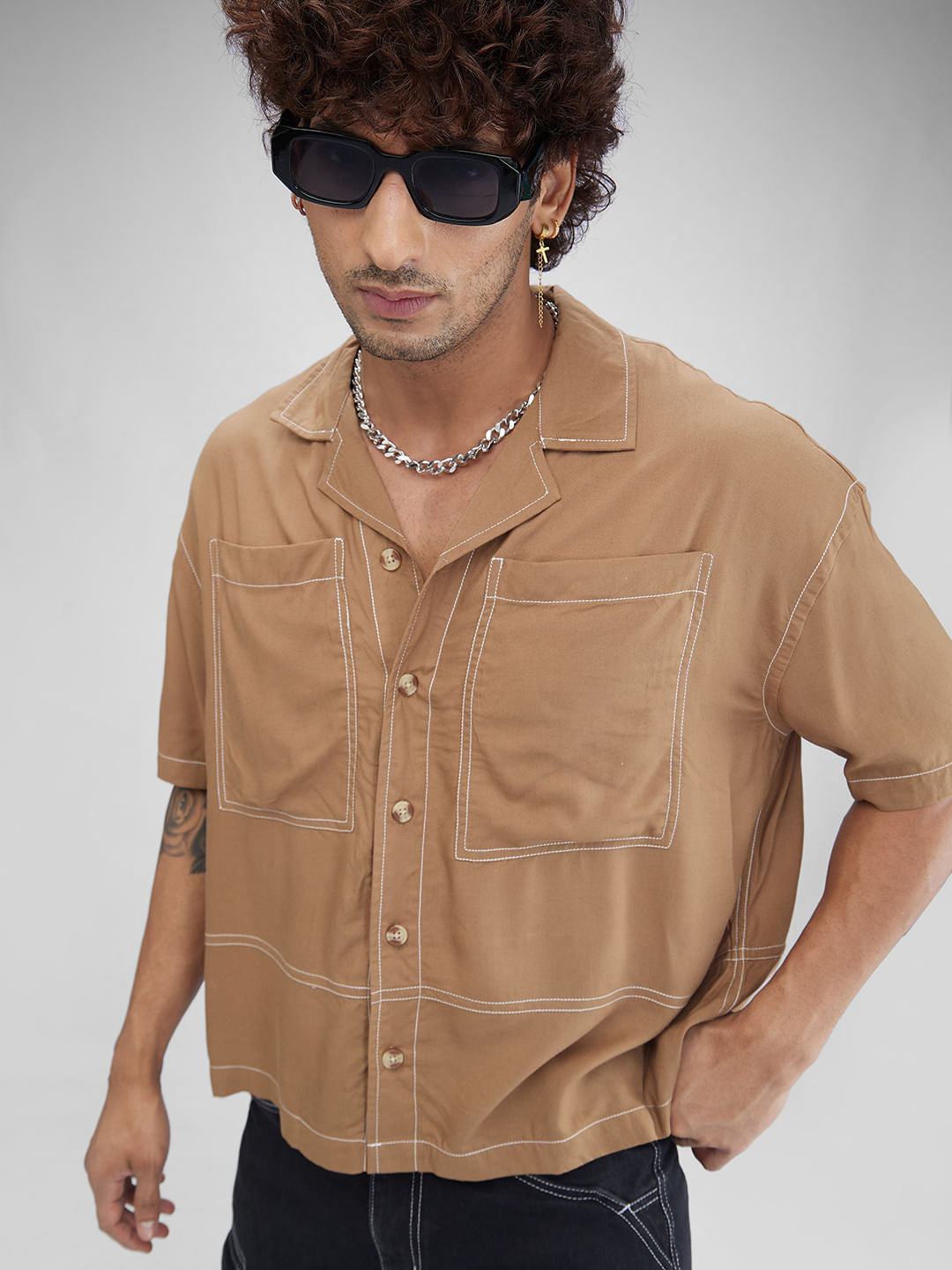 Khaki Double Pocket Oversized Cropped Shirt