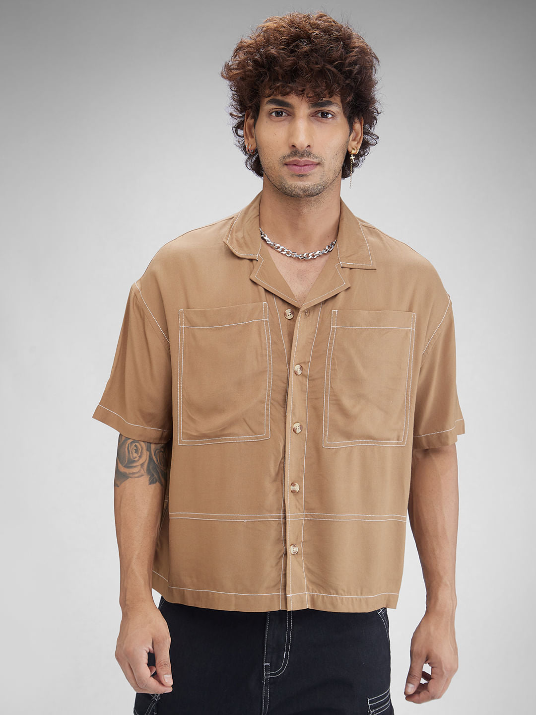 Khaki Double Pocket Oversized Cropped Shirt