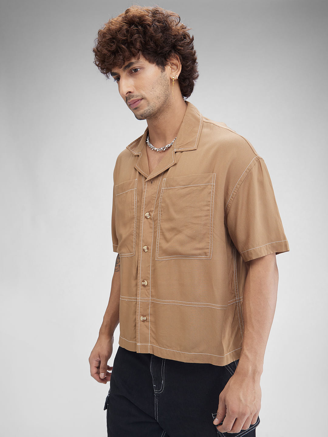 Khaki Double Pocket Oversized Cropped Shirt