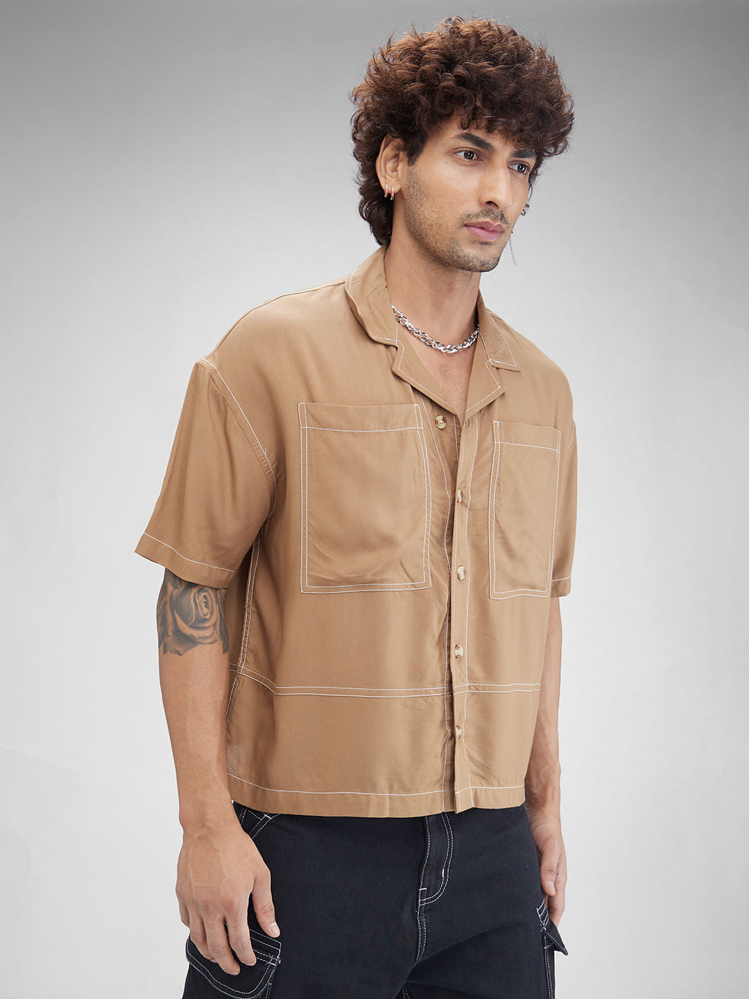 Khaki Double Pocket Oversized Cropped Shirt