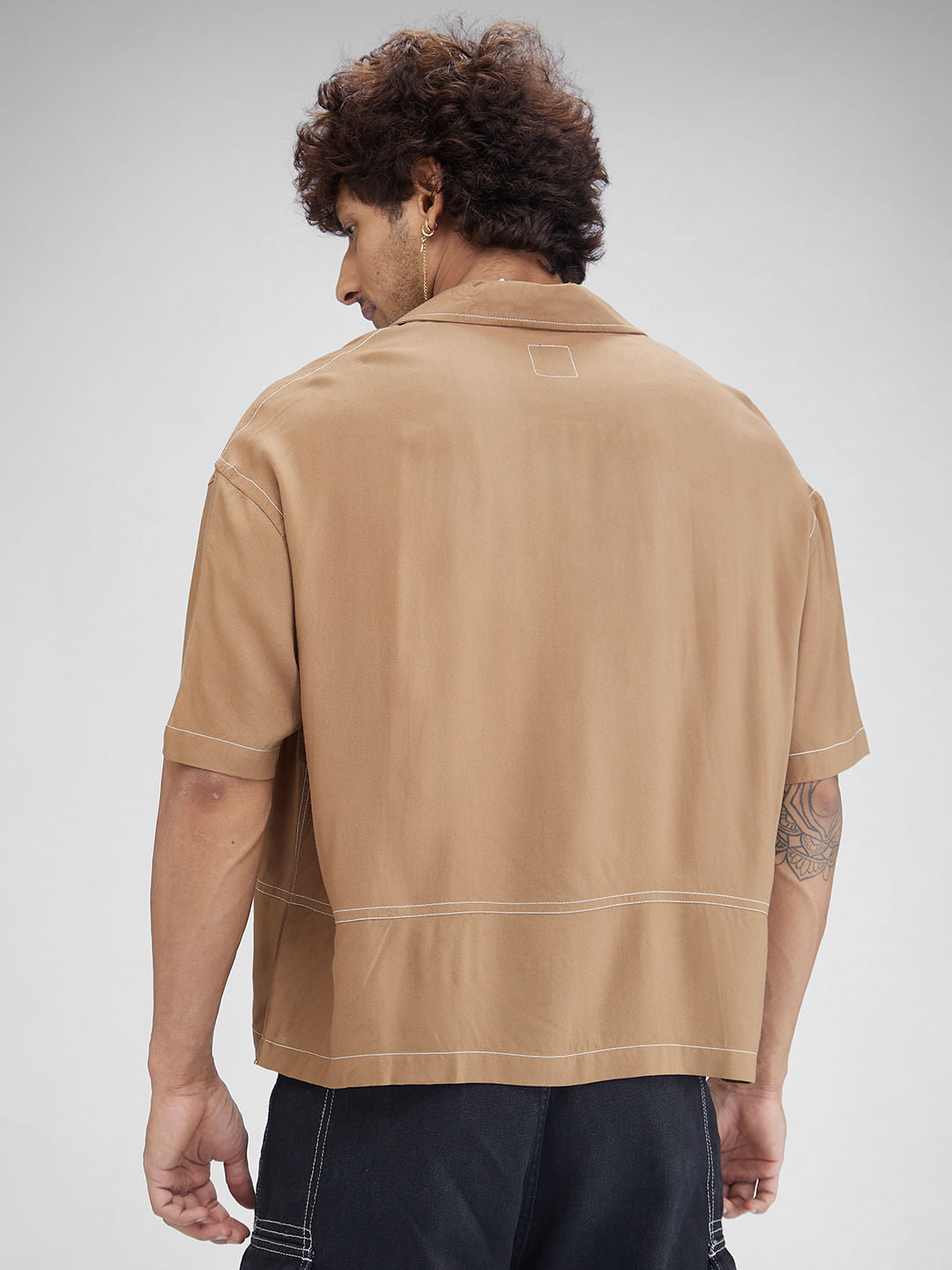 Khaki Double Pocket Oversized Cropped Shirt