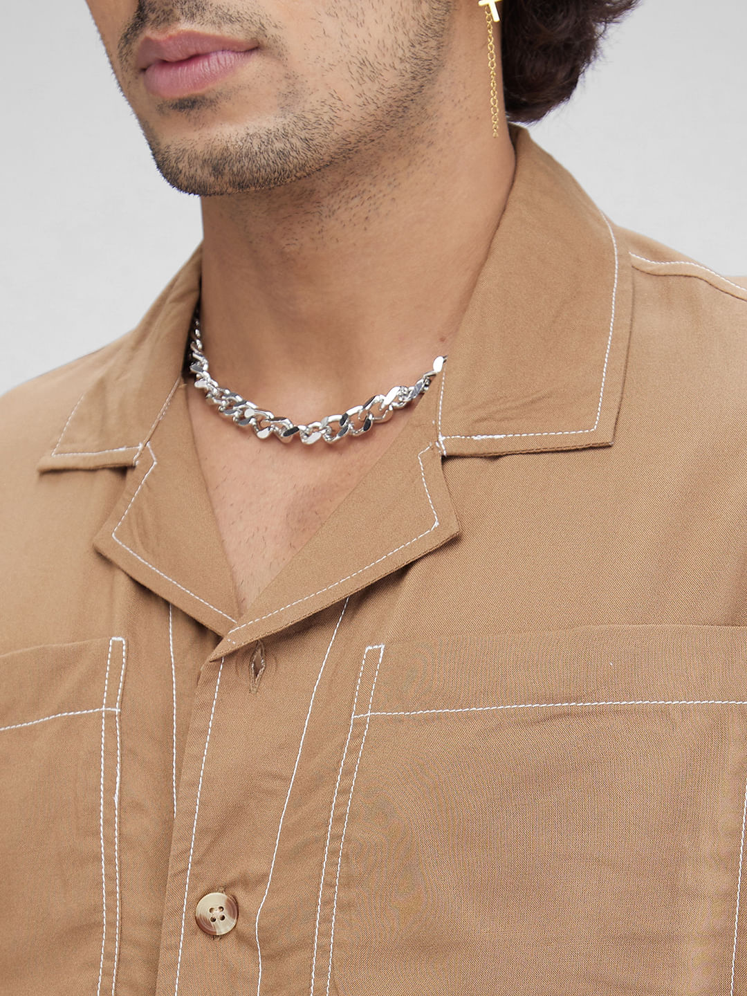 Khaki Double Pocket Oversized Cropped Shirt