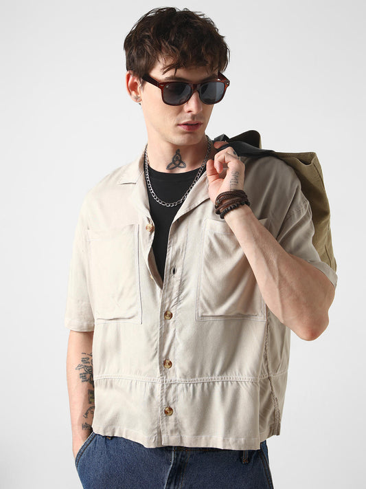 Beige Double Pocket Oversized Cropped Shirt
