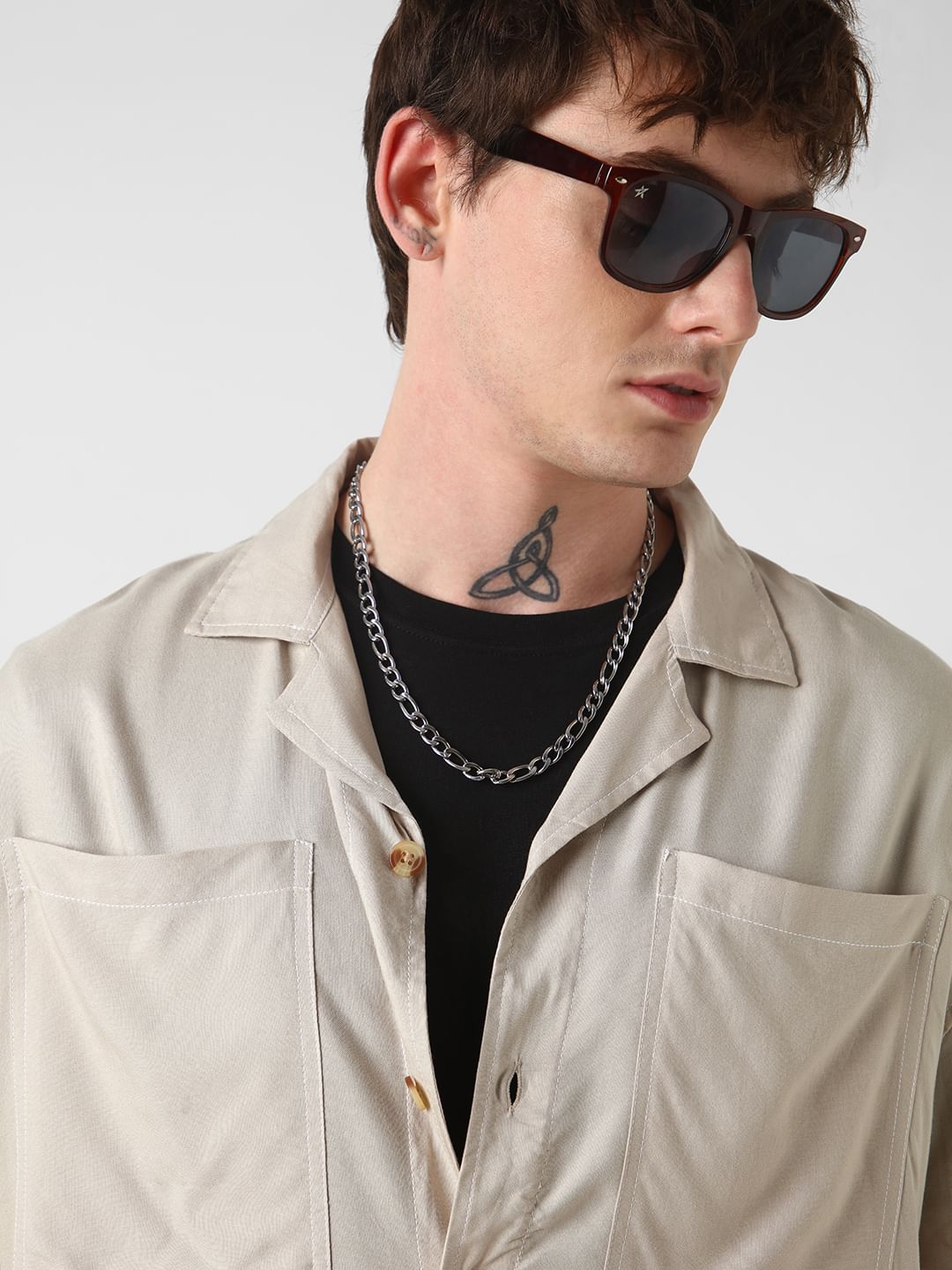 Beige Double Pocket Oversized Cropped Shirt