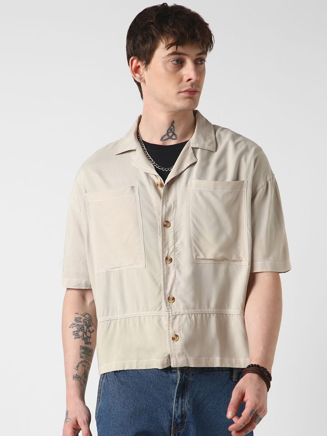 Beige Double Pocket Oversized Cropped Shirt