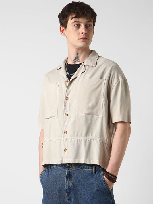 Beige Double Pocket Oversized Cropped Shirt