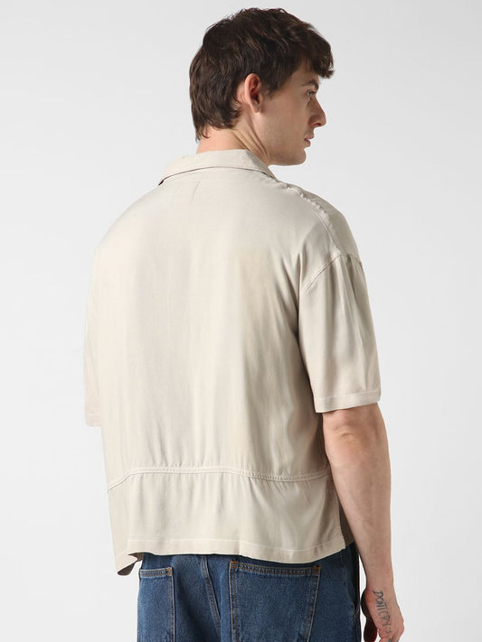 Beige Double Pocket Oversized Cropped Shirt