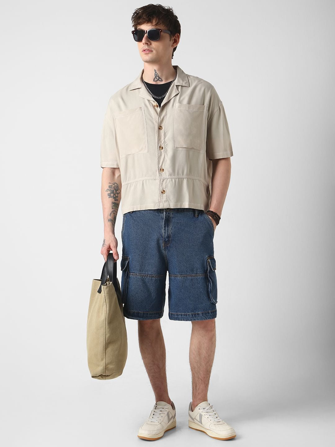 Beige Double Pocket Oversized Cropped Shirt