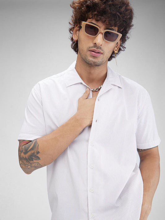 Beige Striped Oversized Resort Collar Shirt