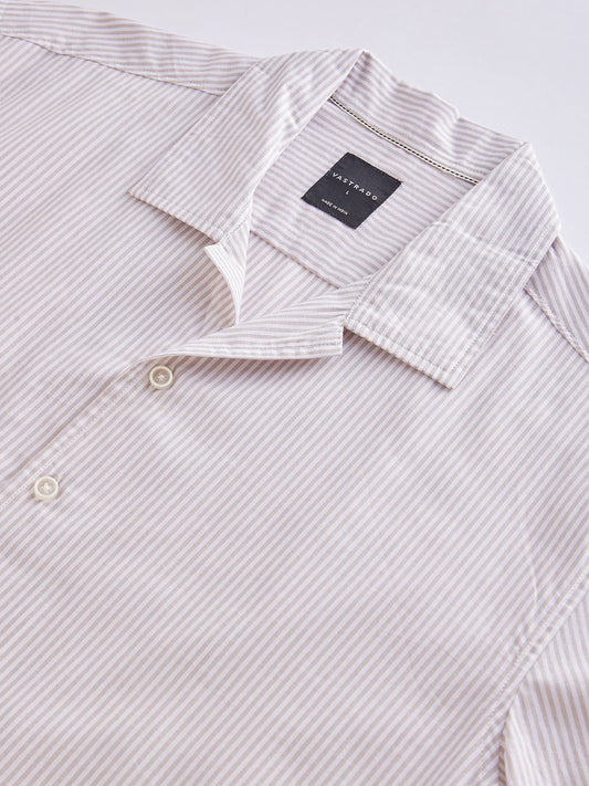 Beige Striped Oversized Resort Collar Shirt