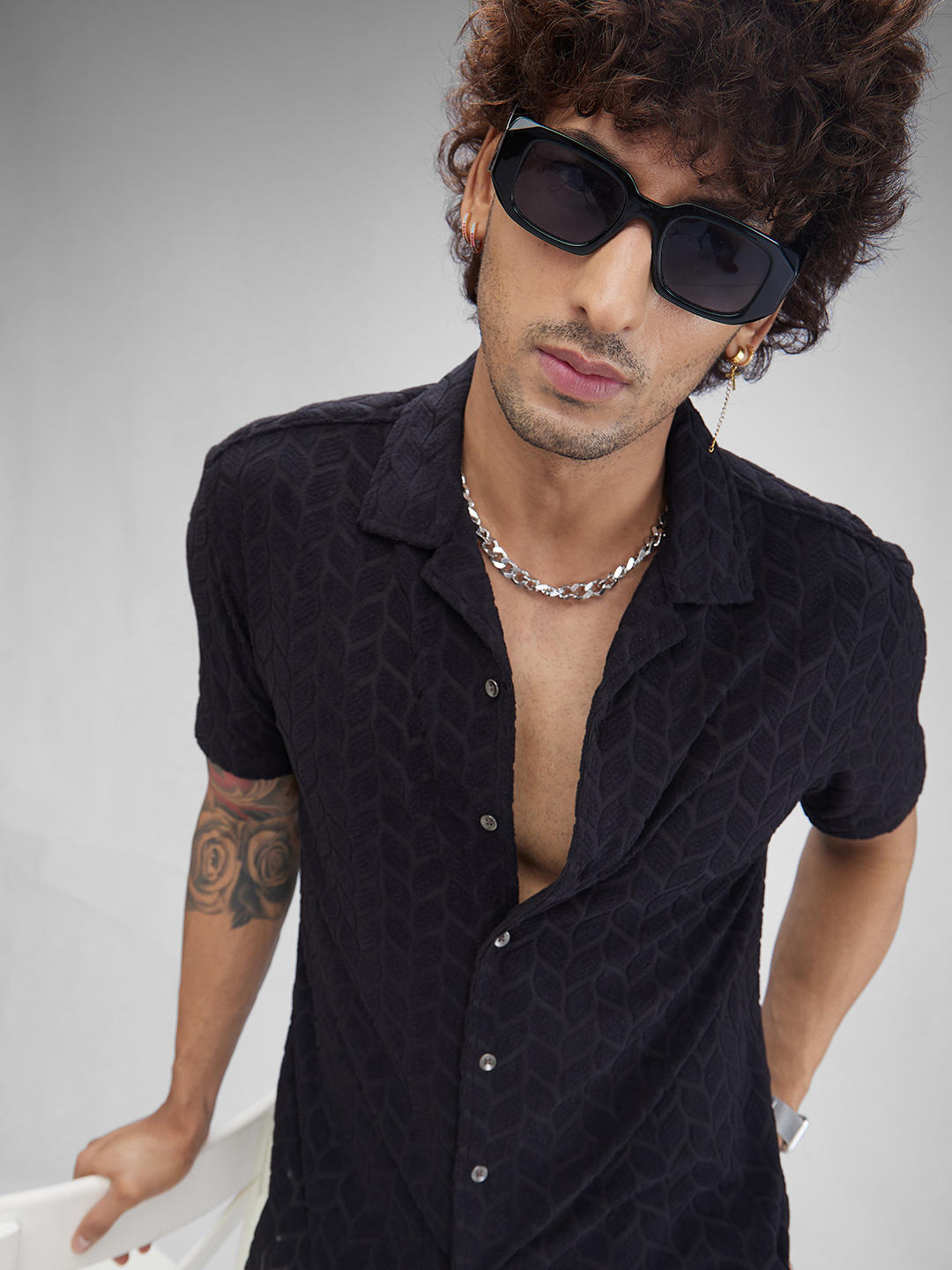 Black Retro Geometric Leafy Jacquard Shirt