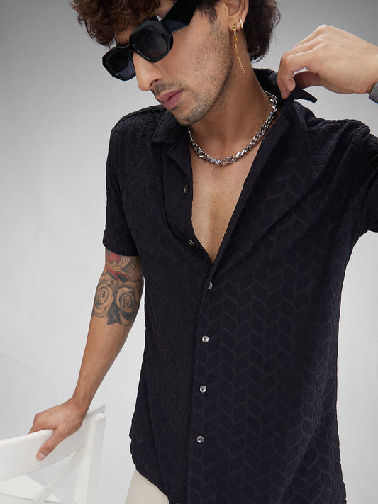 Black Retro Geometric Leafy Jacquard Shirt